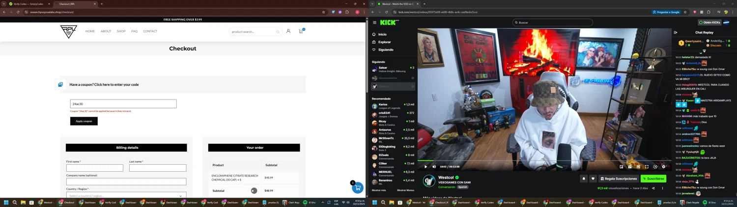 Research Purpose Labs coupon code screenshot showing code 24ac30 applied at Research Purpose Labs checkout page. Uploaded by SimplyCodes community member TreasureWarden457 on Nov 11, 2025