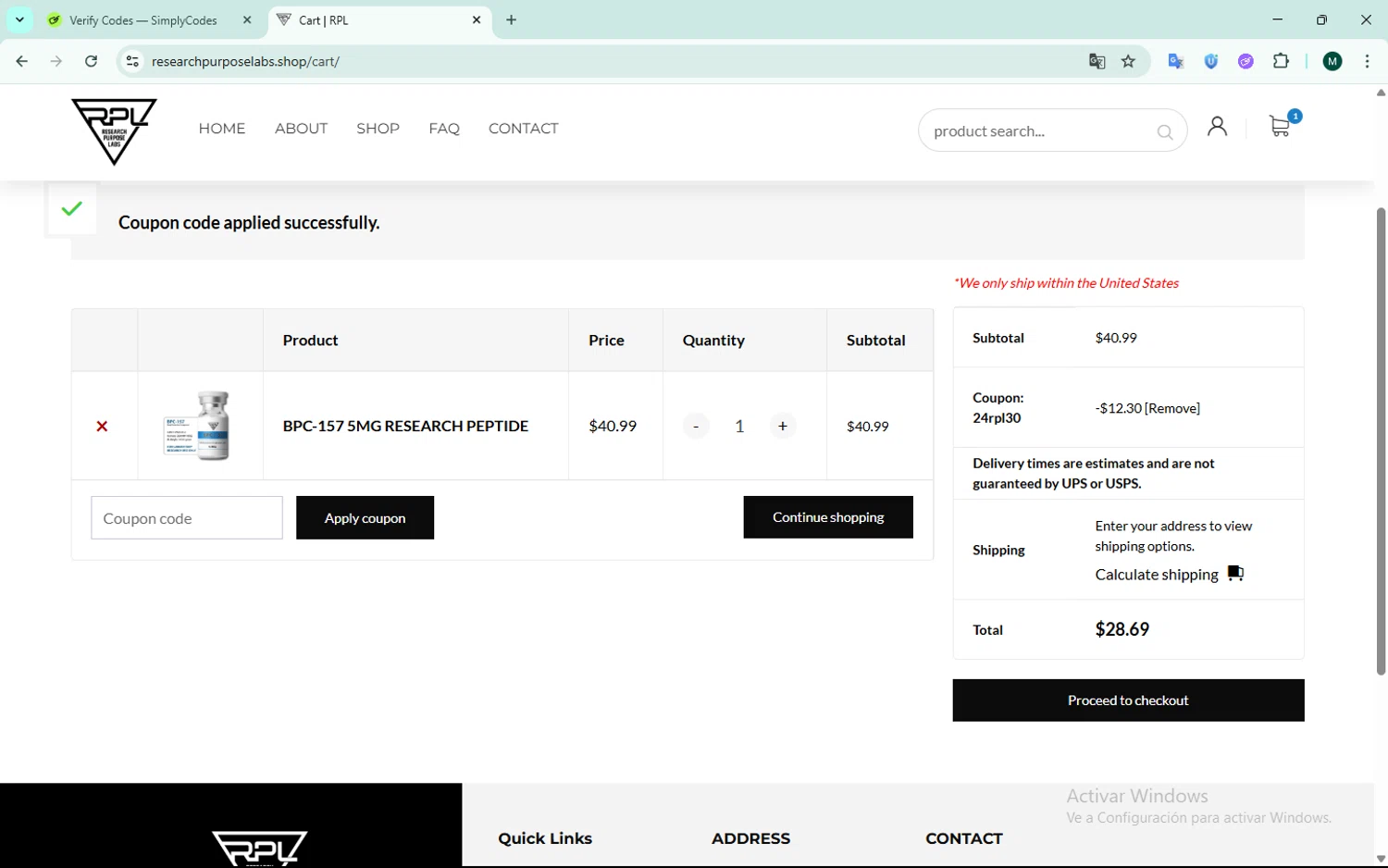 Research Purpose Labs coupon code screenshot showing code 24RPL30 applied at Research Purpose Labs checkout page. Uploaded by SimplyCodes community member ScanCurator288 on Jun 17, 2025