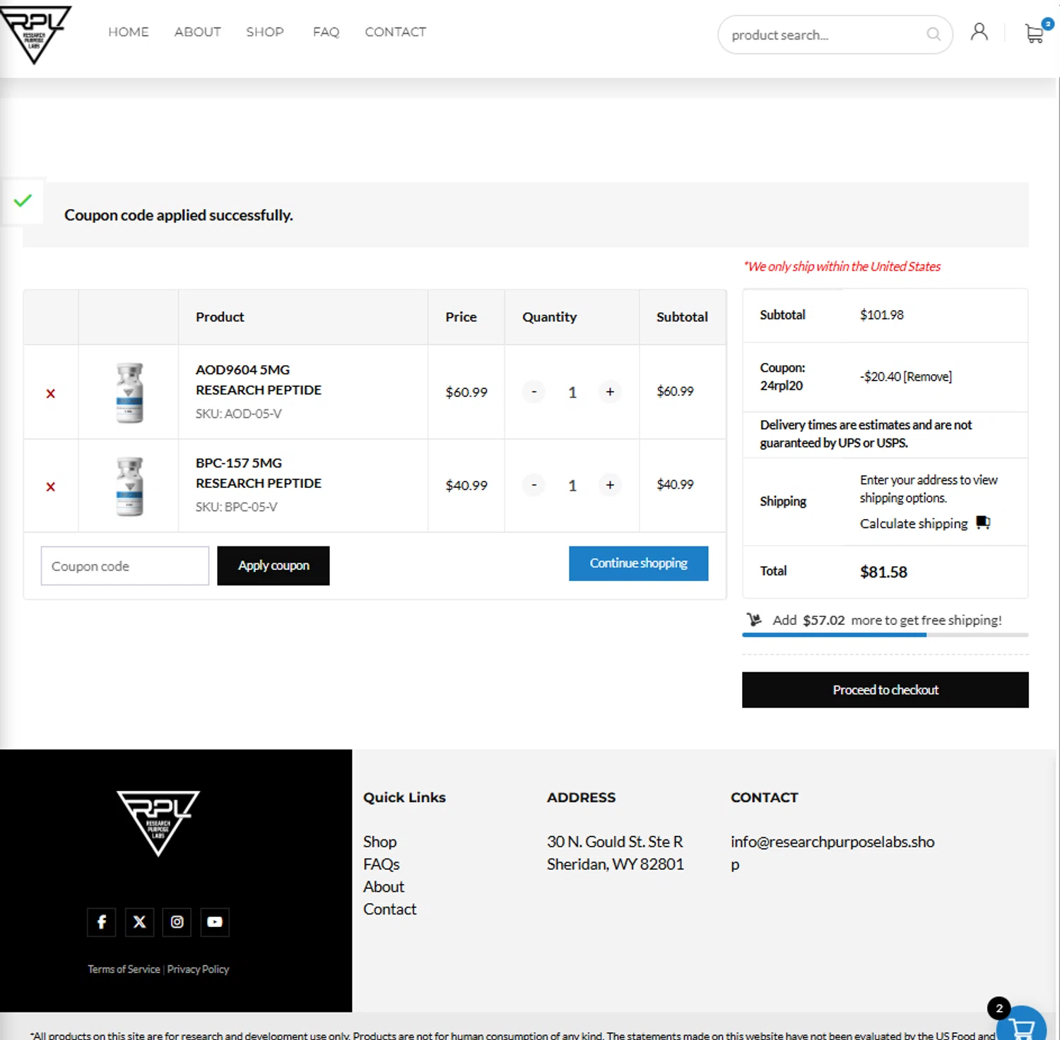 Research Purpose Labs coupon code screenshot showing code 24RPL20 applied at Research Purpose Labs checkout page. Uploaded by SimplyCodes community member reggiesmith on Jan 25, 2026