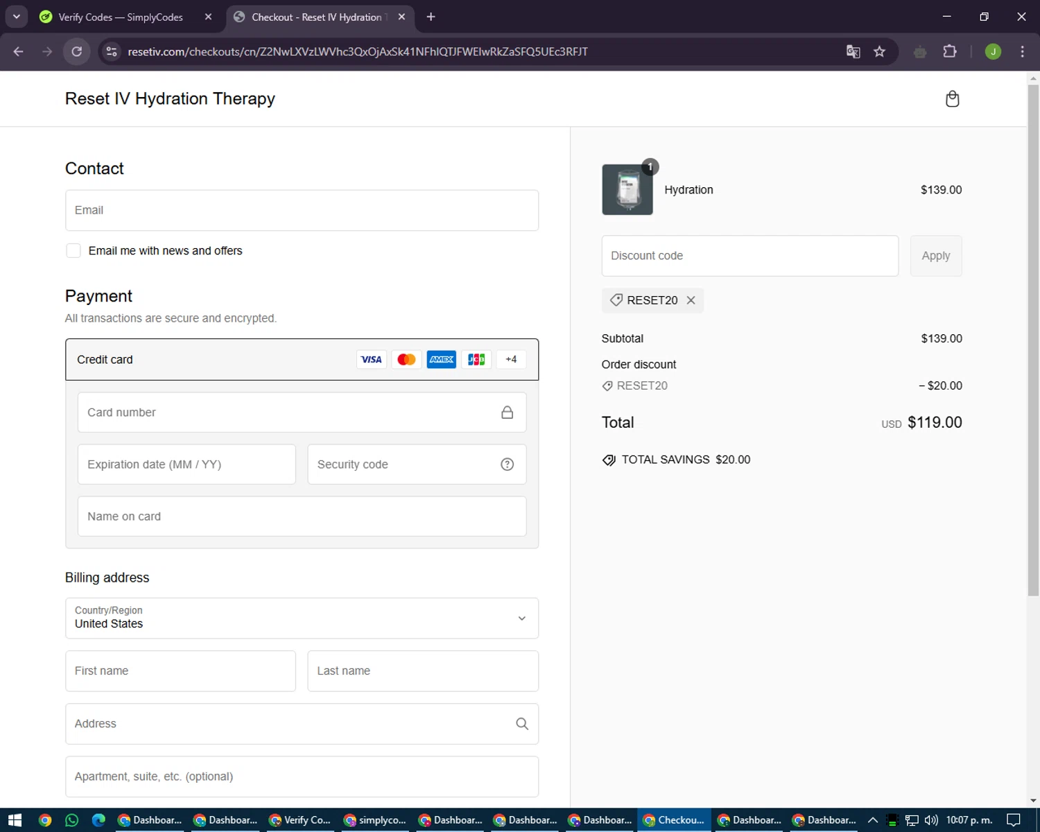Reset IV Therapy promo code screenshot showing code RESET20 applied at Reset IV Therapy checkout page. Uploaded by SimplyCodes community member LilBaby on Feb 28, 2025