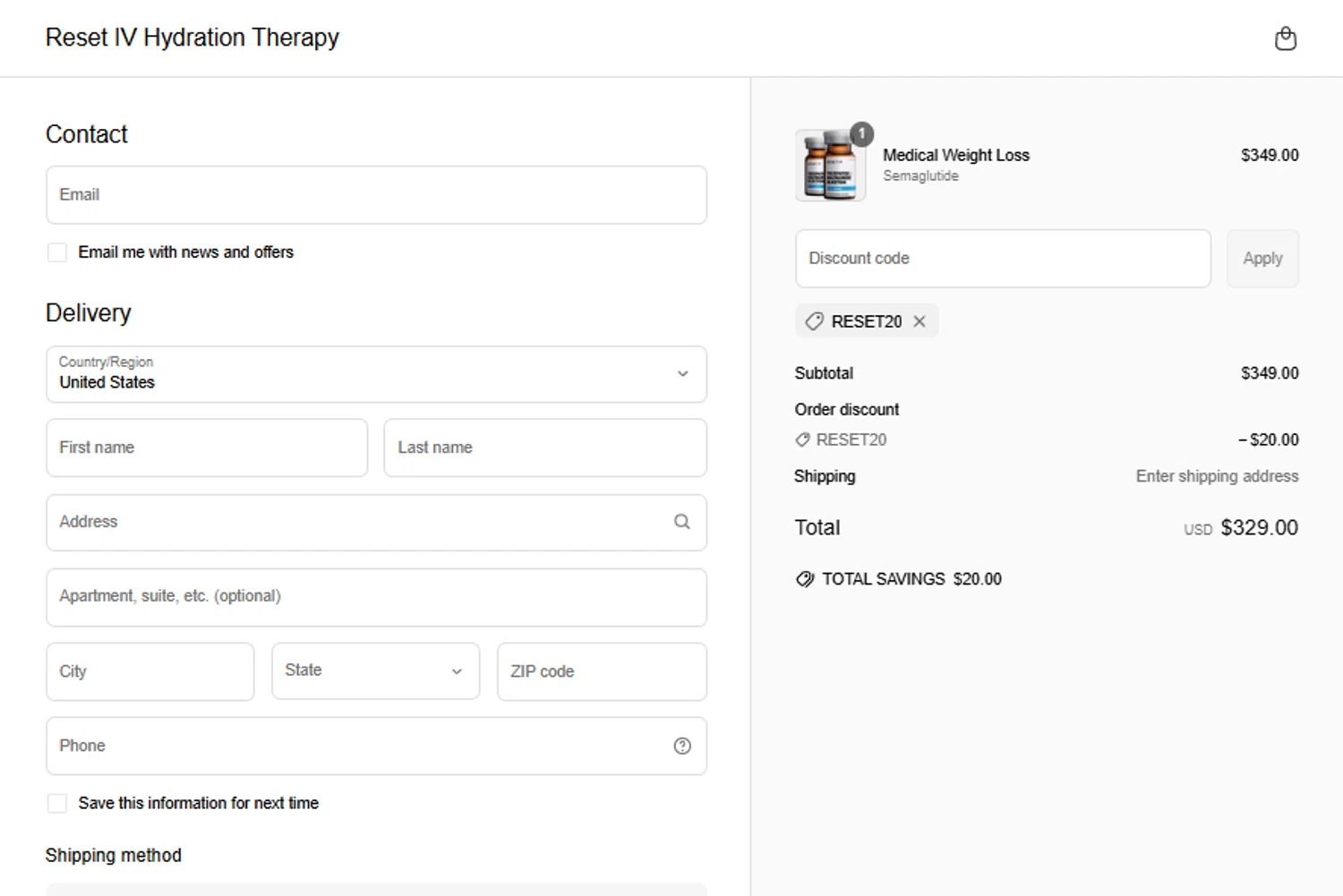 Reset IV Therapy promo code screenshot showing code RESET20 applied at Reset IV Therapy checkout page. Uploaded by SimplyCodes community member gabrielponce on Apr 27, 2025