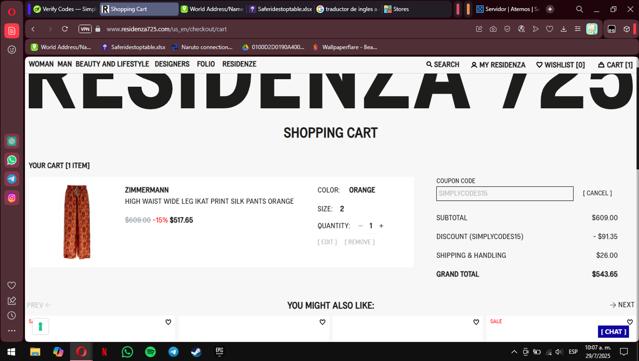 Residenza 725 IT checkout page showing Residenza 725 IT promo code box | Screenshot taken by SimplyCodes community member on Jul 29, 2025