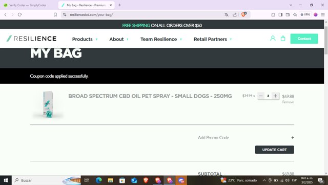 Resilience CBD checkout page showing Resilience CBD promo code box | Screenshot taken by SimplyCodes community member on Feb 3, 2025