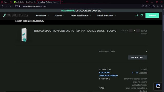 Resilience CBD checkout page showing Resilience CBD promo code box | Screenshot taken by SimplyCodes community member on Feb 3, 2025