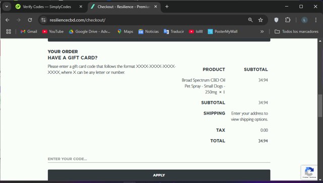 Resilience CBD checkout page showing Resilience CBD promo code box | Screenshot taken by SimplyCodes community member on Feb 3, 2025