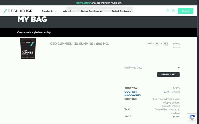 Resilience CBD checkout page showing Resilience CBD promo code box | Screenshot taken by SimplyCodes community member on Feb 3, 2025
