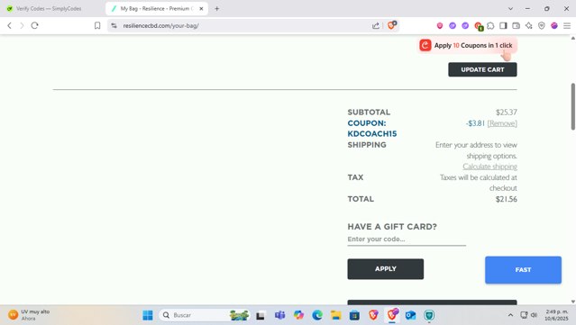 Resilience CBD checkout page showing Resilience CBD promo code box | Screenshot taken by SimplyCodes community member on Jun 10, 2025