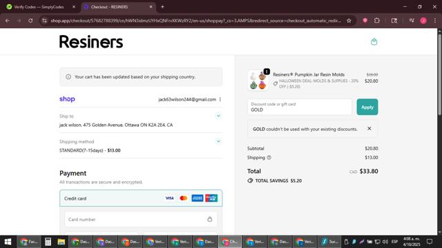 Resiners checkout page showing Resiners discount code box | Screenshot taken by SimplyCodes community member on Oct 4, 2025