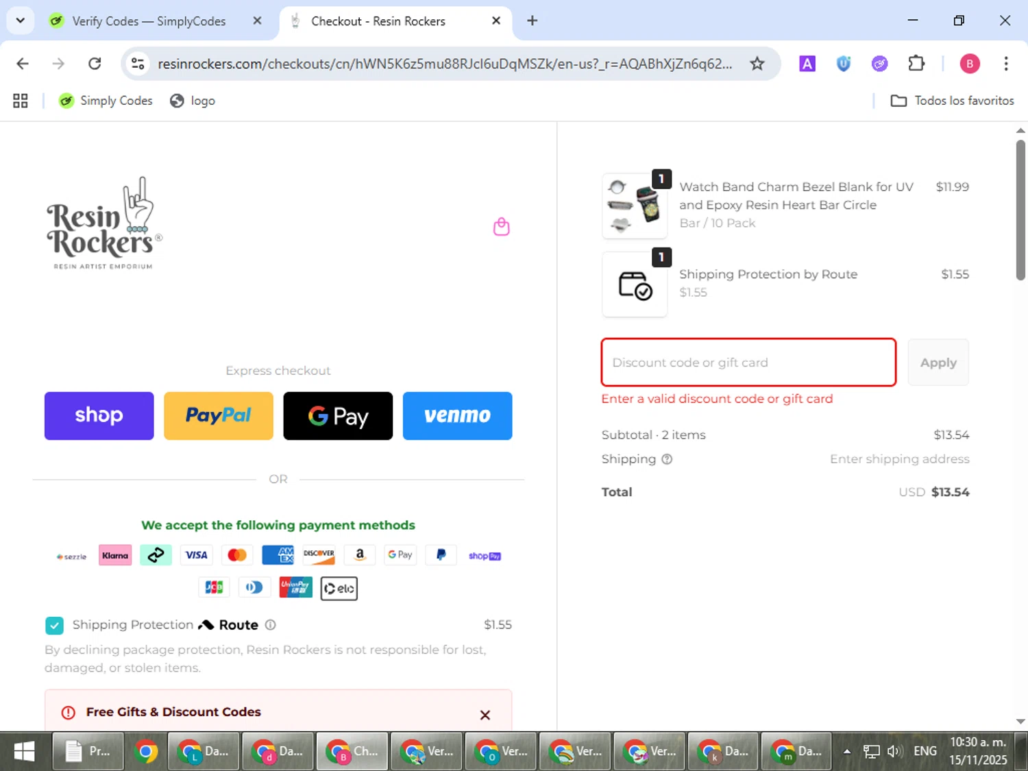 Resin Rockers discount code screenshot showing code DILLY applied at Resin Rockers checkout page. Uploaded by SimplyCodes community member bombontropical on Nov 15, 2025