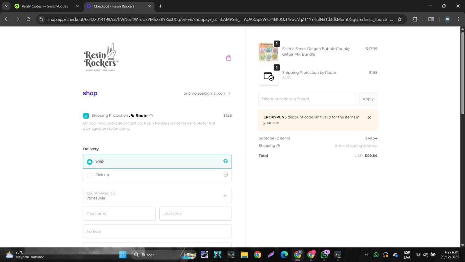 Resin Rockers discount code screenshot showing code EPOXYPEN5 applied at Resin Rockers checkout page. Uploaded by SimplyCodes community member DTBERA2024 on Dec 29, 2025