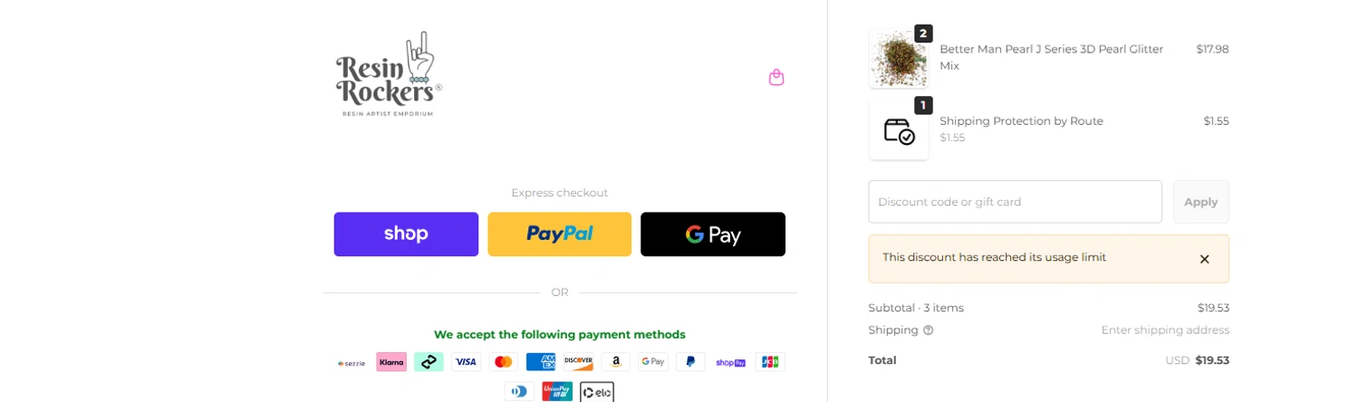 Resin Rockers discount code screenshot showing code HPZPPHZ5 applied at Resin Rockers checkout page. Uploaded by SimplyCodes community member Handivlak on Jan 3, 2026