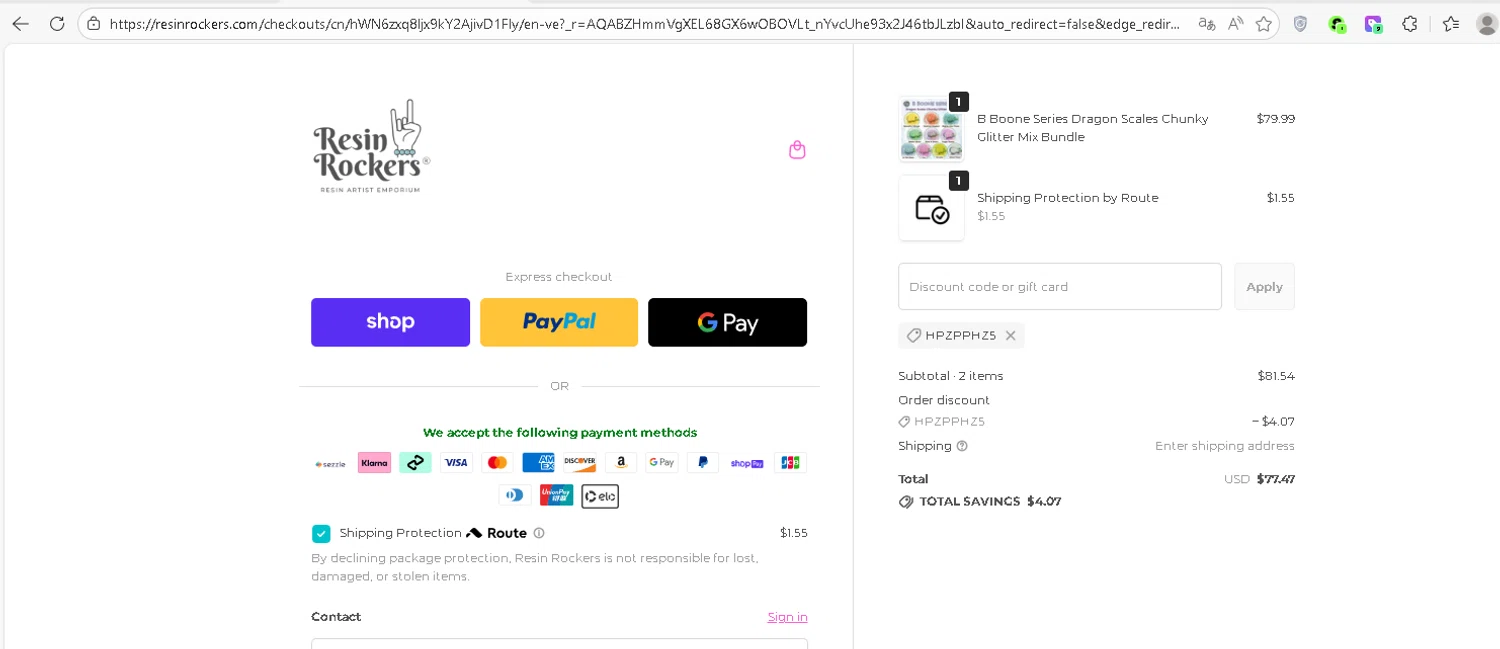 Resin Rockers discount code screenshot showing code HPZPPHZ5 applied at Resin Rockers checkout page. Uploaded by SimplyCodes community member Serdanvz on Dec 29, 2025