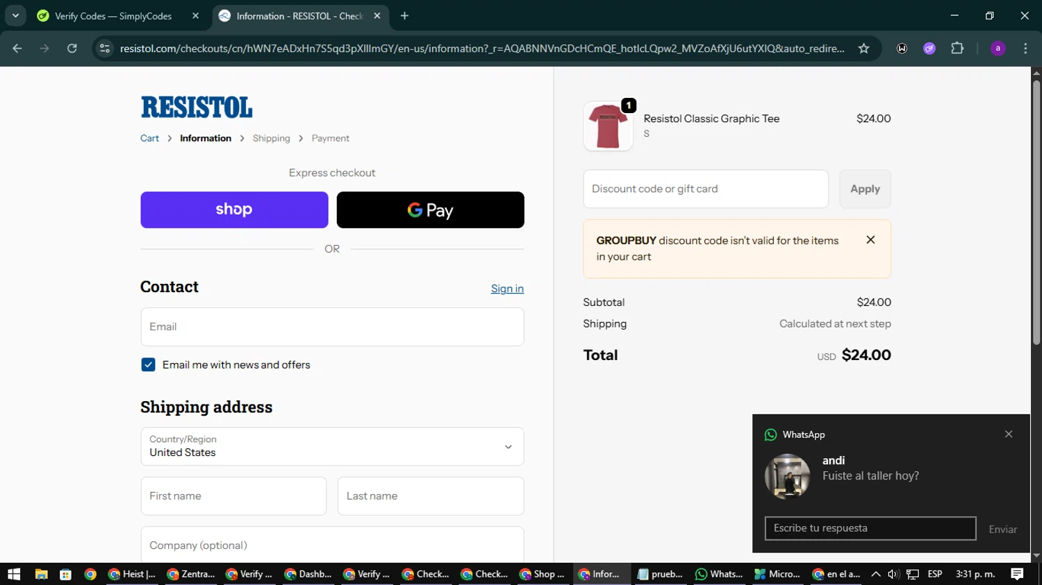 Resistol discount code screenshot showing code GROUPBUY applied at Resistol checkout page. Uploaded by SimplyCodes community member CoinElite8997 on Jan 15, 2026