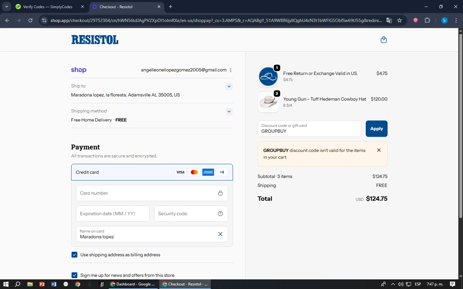 Resistol discount code screenshot showing code GROUPBUY applied at Resistol checkout page. Uploaded by SimplyCodes community member bilijr on Nov 9, 2025
