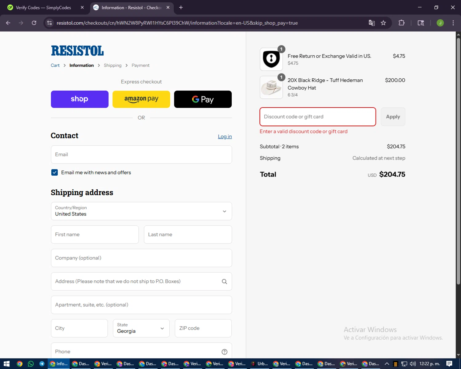Resistol discount code screenshot showing code 10%OFF applied at Resistol checkout page. Uploaded by SimplyCodes community member LilBaby on Sep 2, 2025
