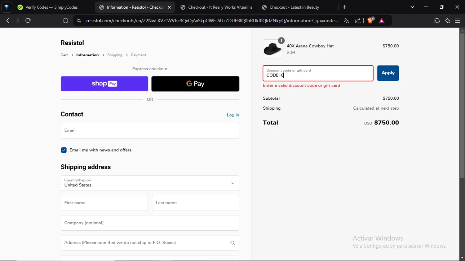 Resistol discount code screenshot showing code CODE10 applied at Resistol checkout page. Uploaded by SimplyCodes community member VoucherShopper4674 on Jan 24, 2025