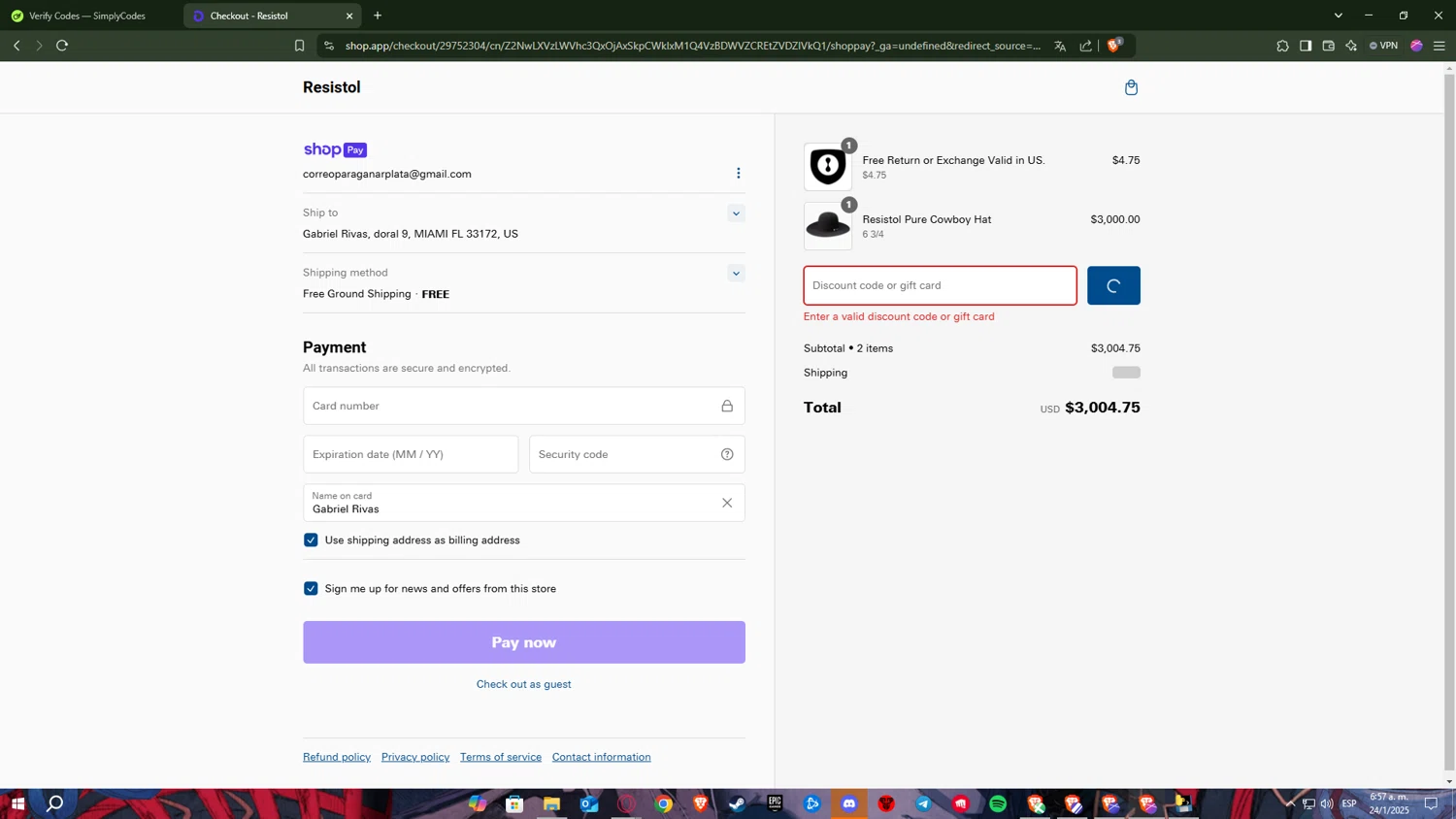 Resistol discount code screenshot showing code CODE10 applied at Resistol checkout page. Uploaded by SimplyCodes community member FrugalFalcon7577 on Jan 24, 2025