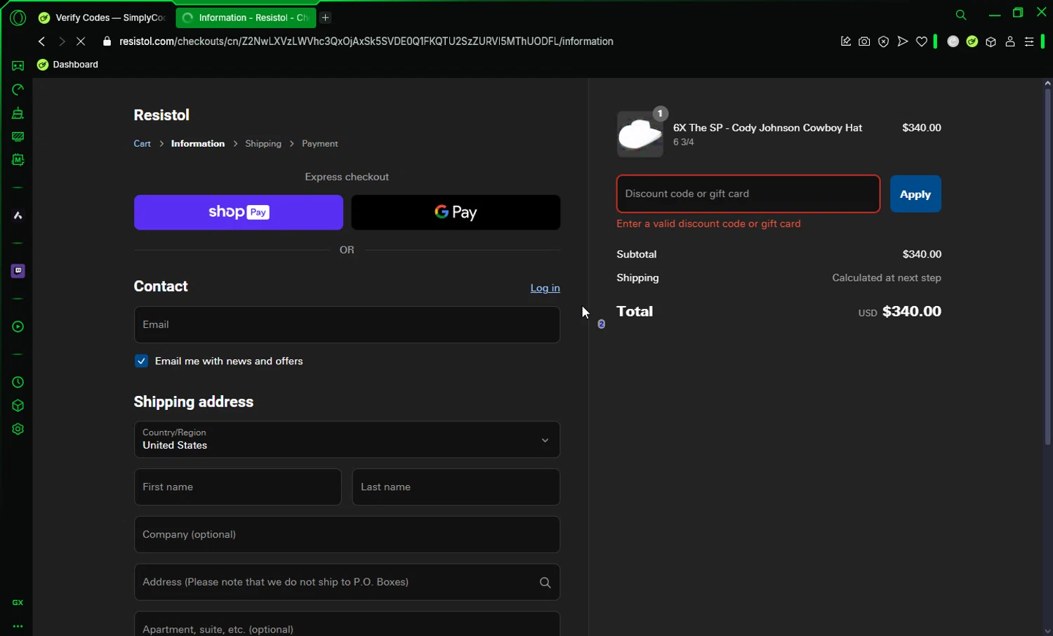 Resistol discount code screenshot showing code CODE applied at Resistol checkout page. Uploaded by SimplyCodes community member DrossRotzank on Mar 7, 2025