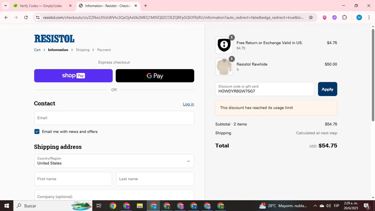 Resistol discount code screenshot showing code HOWDYR8GW7SG7 applied at Resistol checkout page. Uploaded by SimplyCodes community member LegendaryCurator1585 on Jun 20, 2025