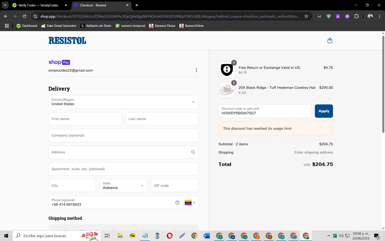 Resistol discount code screenshot showing code HOWDYR8GW7SG7 applied at Resistol checkout page. Uploaded by SimplyCodes community member jeysosmoore on Jun 20, 2025