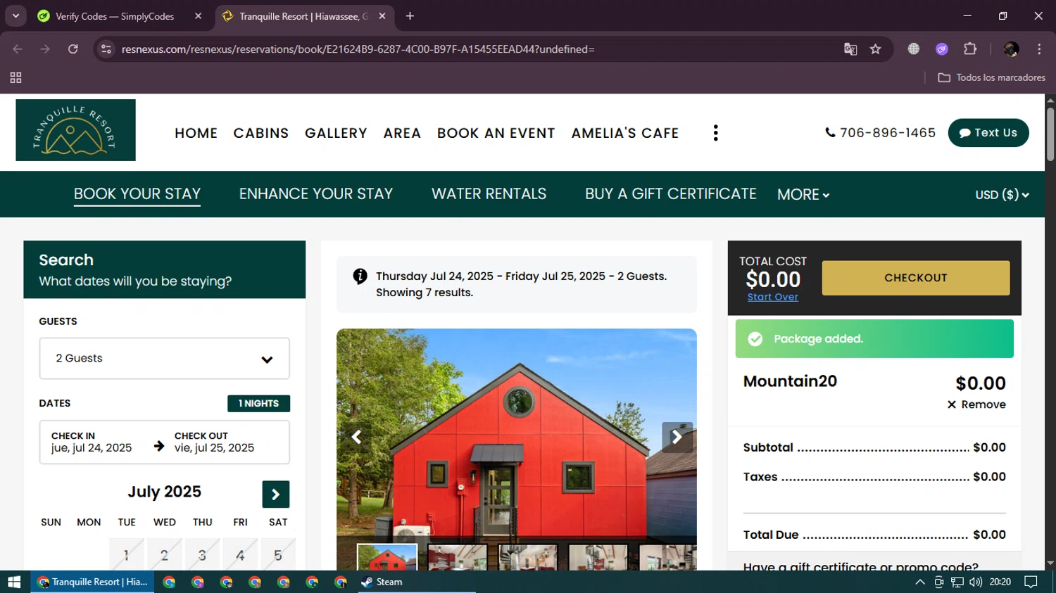 ResNexus promo code screenshot showing code mountain20 applied at ResNexus checkout page. Uploaded by SimplyCodes community member LegendaryWarden2503 on Jul 24, 2025