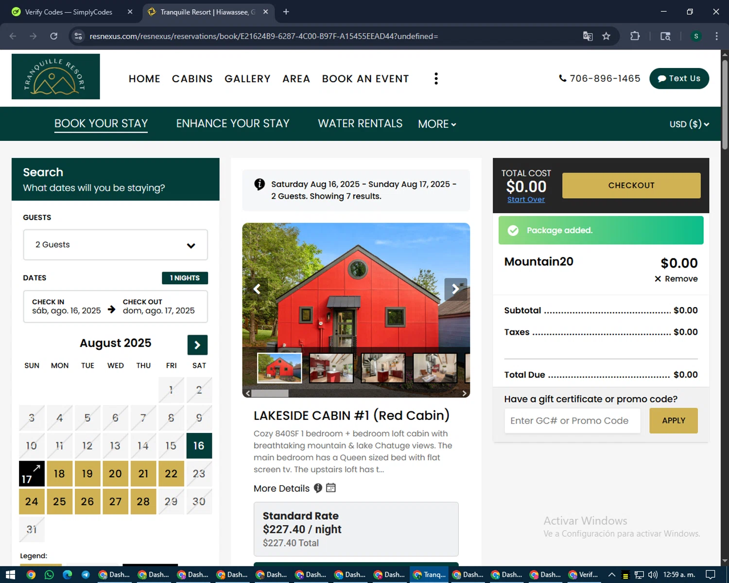ResNexus promo code screenshot showing code mountain20 applied at ResNexus checkout page. Uploaded by SimplyCodes community member lilMosey on Aug 16, 2025