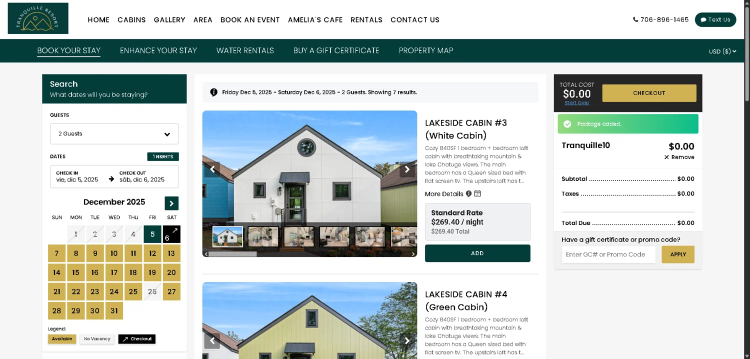 ResNexus promo code screenshot showing code Tranquille10 applied at ResNexus checkout page. Uploaded by SimplyCodes community member VictoriousFinder4393 on Dec 5, 2025