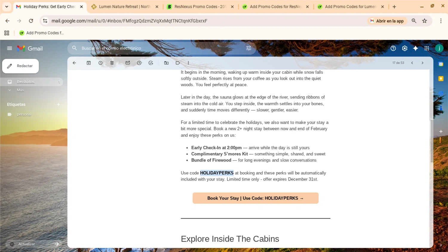 ResNexus promo code screenshot showing code HOLIDAYPERKS applied at ResNexus checkout page. Uploaded by SimplyCodes community member yennifergonzalez on Dec 16, 2025