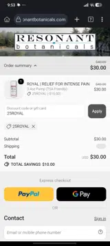 Resonant Botanicals coupon verification screenshot