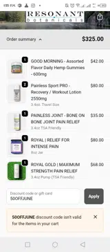 Resonant Botanicals coupon verification screenshot