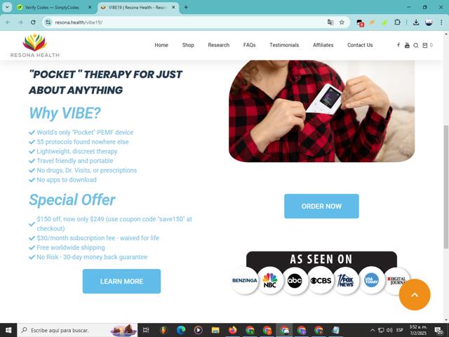 Resonance Frequency Therapy checkout page showing Resonance Frequency Therapy promo code box | Screenshot taken by SimplyCodes community member on Feb 7, 2025