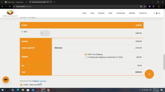 Resonance Frequency Therapy checkout page showing Resonance Frequency Therapy promo code box | Screenshot taken by SimplyCodes community member on Dec 31, 2024