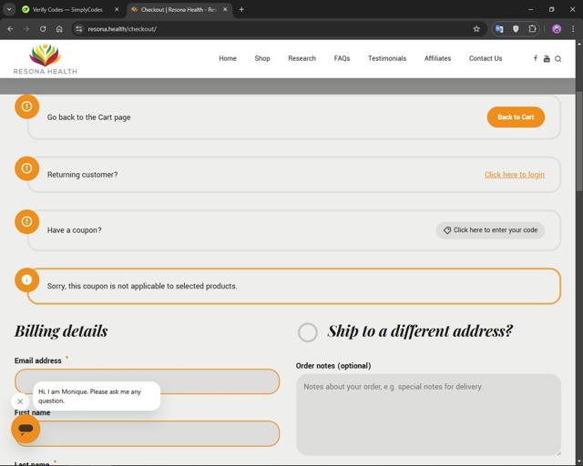 Resonance Frequency Therapy checkout page showing Resonance Frequency Therapy promo code box | Screenshot taken by SimplyCodes community member on Dec 2, 2024