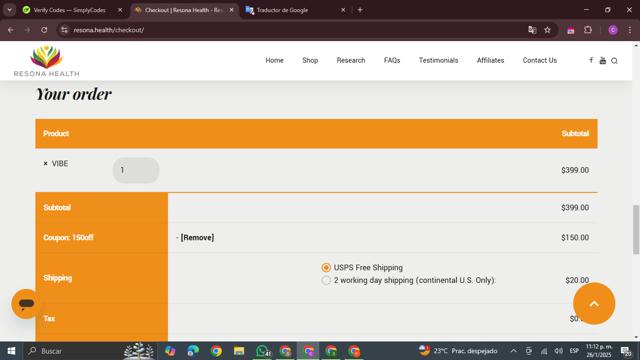 Resonance Frequency Therapy checkout page showing Resonance Frequency Therapy promo code box | Screenshot taken by SimplyCodes community member on Jan 27, 2025