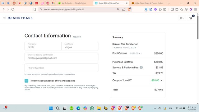 ResortPass checkout page showing ResortPass coupon code box | Screenshot taken by SimplyCodes community member on Jul 9, 2025