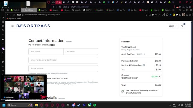 ResortPass checkout page showing ResortPass coupon code box | Screenshot taken by SimplyCodes community member on Jul 9, 2025