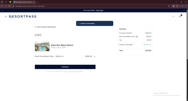 ResortPass checkout page showing ResortPass coupon code box | Screenshot taken by SimplyCodes community member on Jul 18, 2025