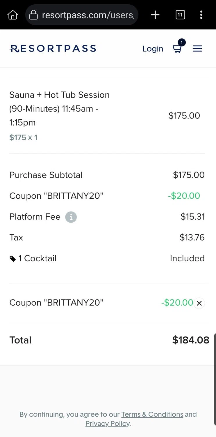 ResortPass promo code screenshot showing code BRITTANY20 applied at ResortPass checkout page. Uploaded by SimplyCodes community member Carloslvz on Feb 20, 2026