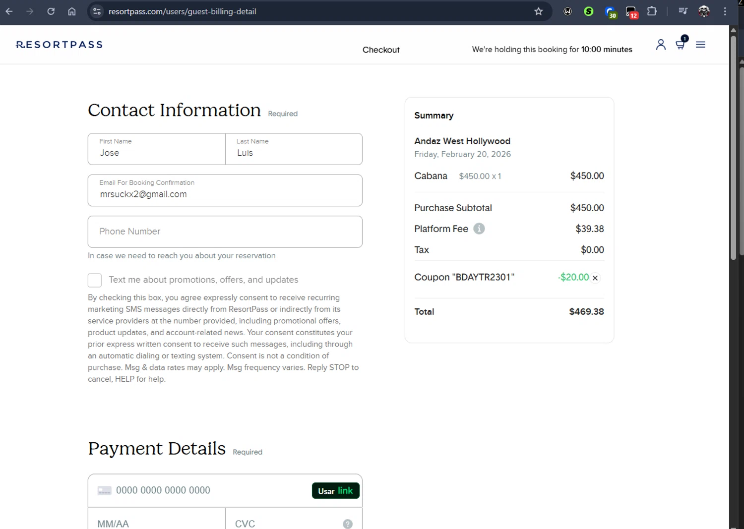 ResortPass promo code screenshot showing code BDAYTR2301 applied at ResortPass checkout page. Uploaded by SimplyCodes community member Jmhernand1 on Feb 20, 2026