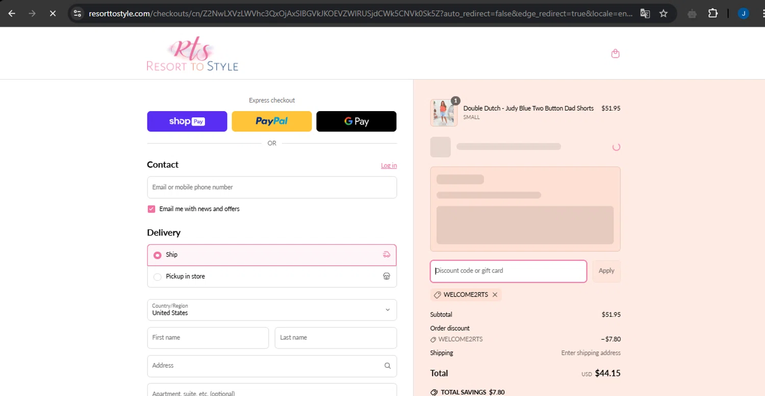 Resort To Style coupon code screenshot showing code WELCOME2RTS applied at Resort To Style checkout page. Uploaded by SimplyCodes community member LegendarySage5106 on Mar 16, 2025