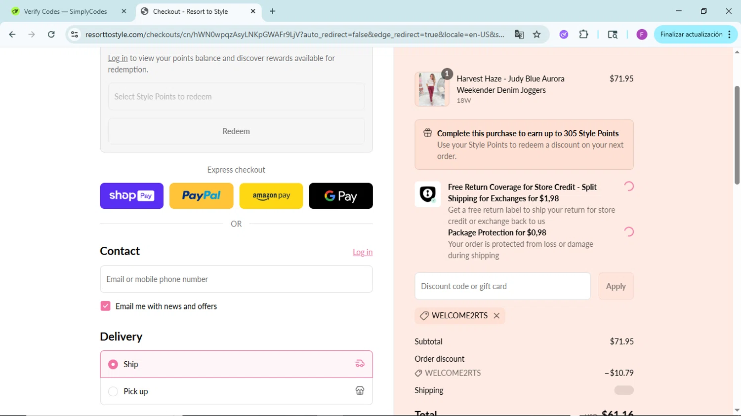 Resort To Style coupon code screenshot showing code WELCOME2RTS applied at Resort To Style checkout page. Uploaded by SimplyCodes community member ShieldTitan6985 on Jul 23, 2025