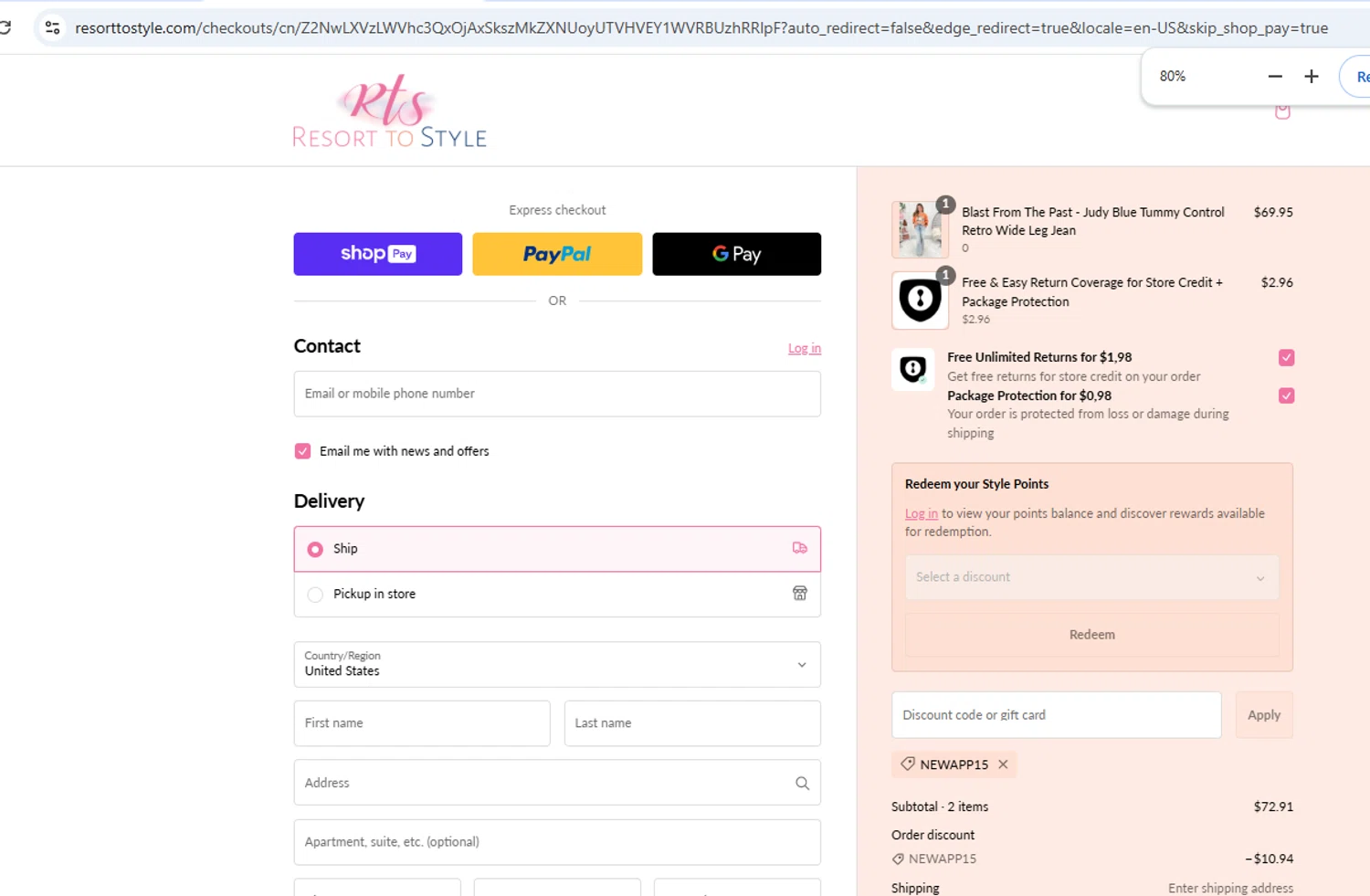 Resort To Style coupon code screenshot showing code NEWAPP15 applied at Resort To Style checkout page. Uploaded by SimplyCodes community member ShieldOwl9891 on Feb 2, 2025