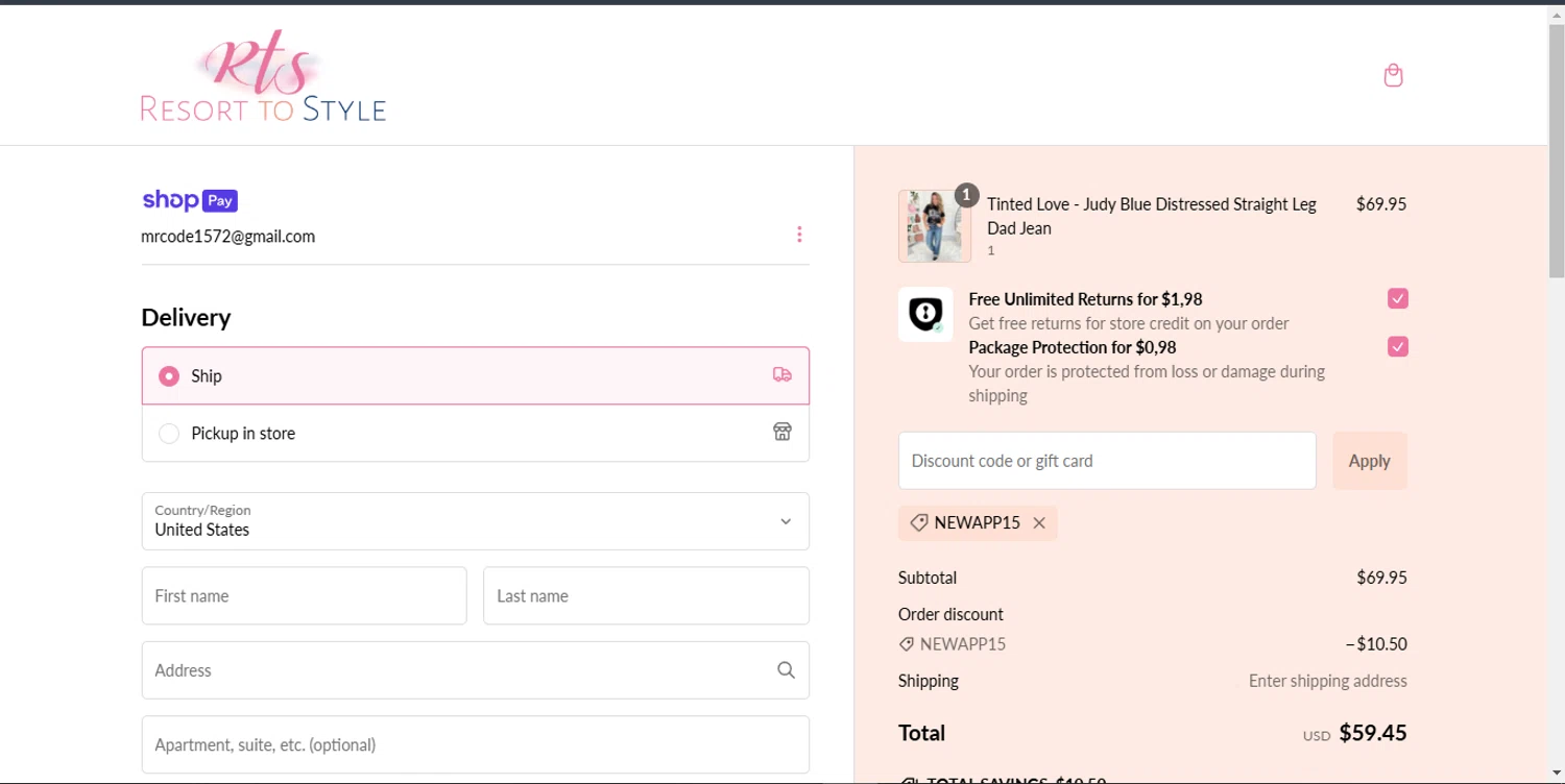 Resort To Style coupon code screenshot showing code NEWAPP15 applied at Resort To Style checkout page. Uploaded by SimplyCodes community member TokioMiller on Jan 4, 2025