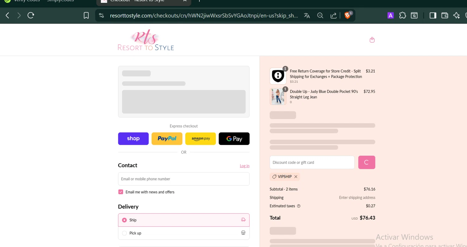 Resort To Style coupon code screenshot showing code VIPSHIP applied at Resort To Style checkout page. Uploaded by SimplyCodes community member PennyCaptain4684 on Sep 8, 2025