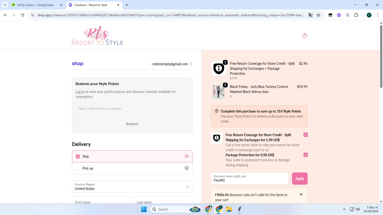 Resort To Style coupon code screenshot showing code Final40 applied at Resort To Style checkout page. Uploaded by SimplyCodes community member Juanse on Oct 10, 2025