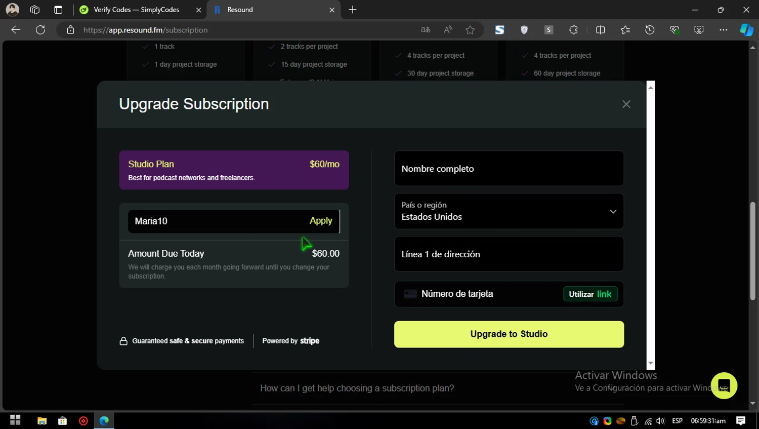 Resound checkout page showing Resound promo code box | Screenshot taken by SimplyCodes community member on Aug 12, 2024