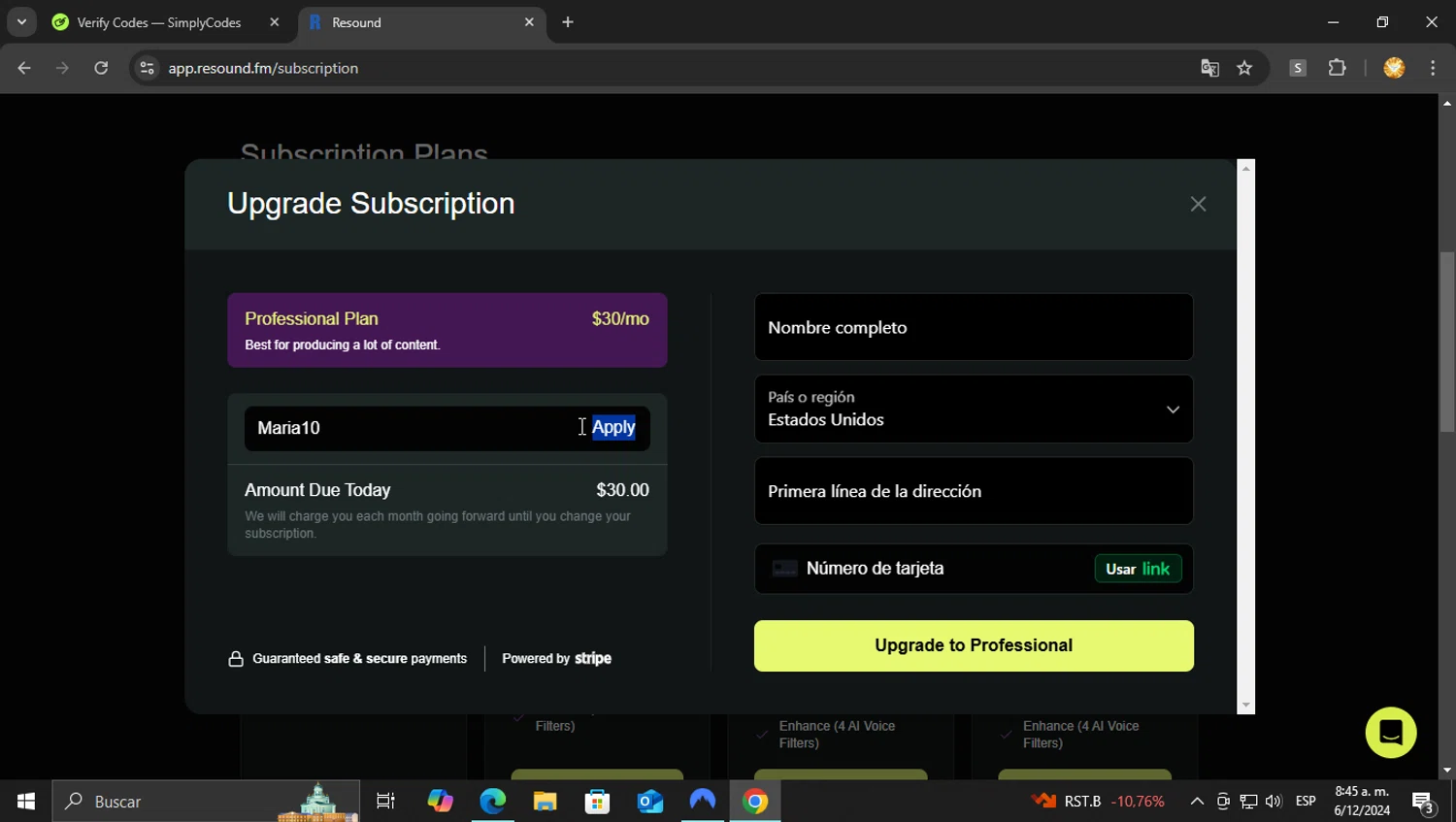 Resound checkout page showing Resound promo code box | Screenshot taken by SimplyCodes community member on Dec 6, 2024
