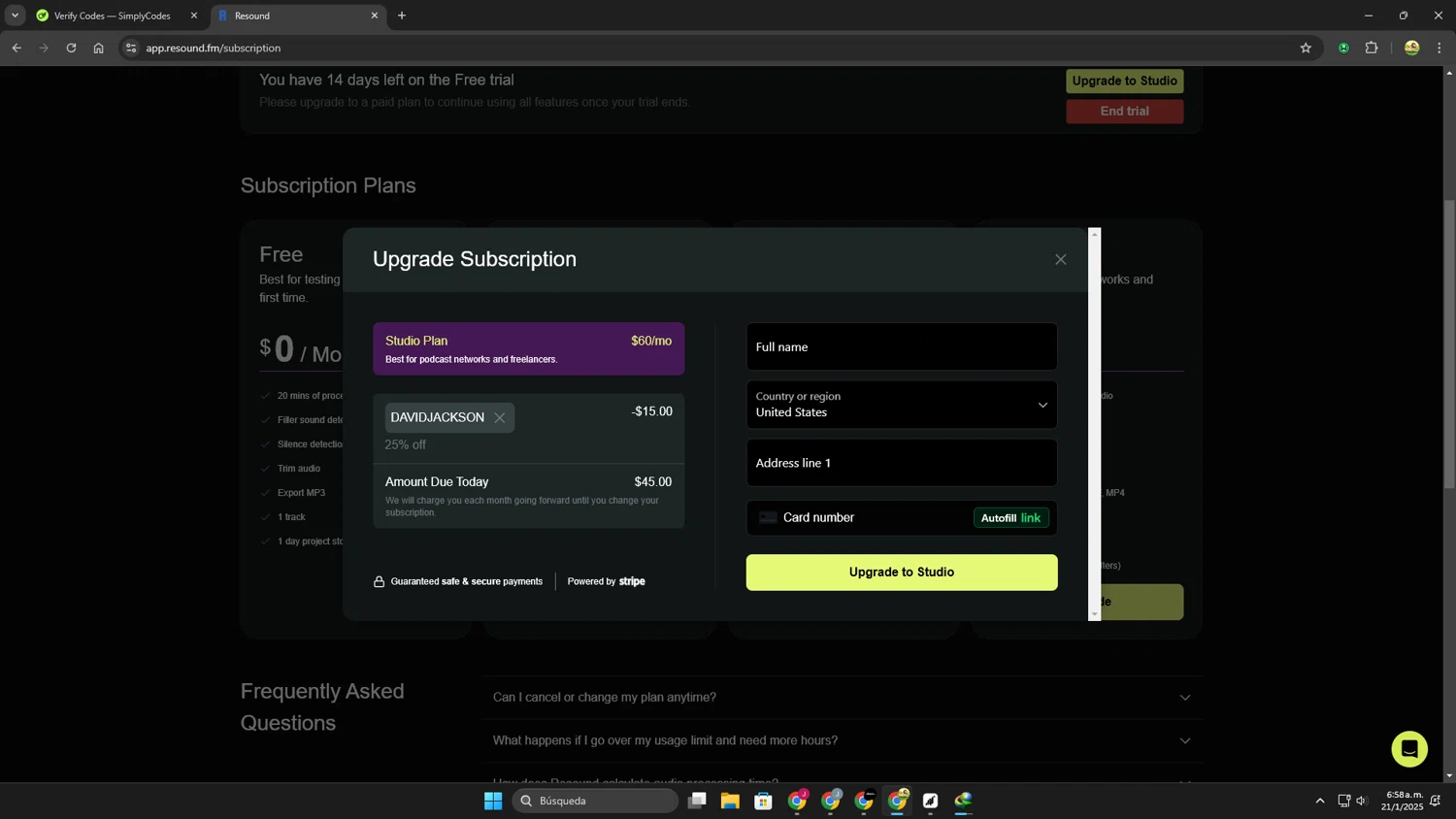 Resound checkout page showing Resound promo code box | Screenshot taken by SimplyCodes community member on Jan 21, 2025