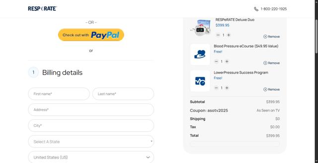 Resperate checkout page showing Resperate coupon code box | Screenshot taken by SimplyCodes community member on Aug 28, 2025