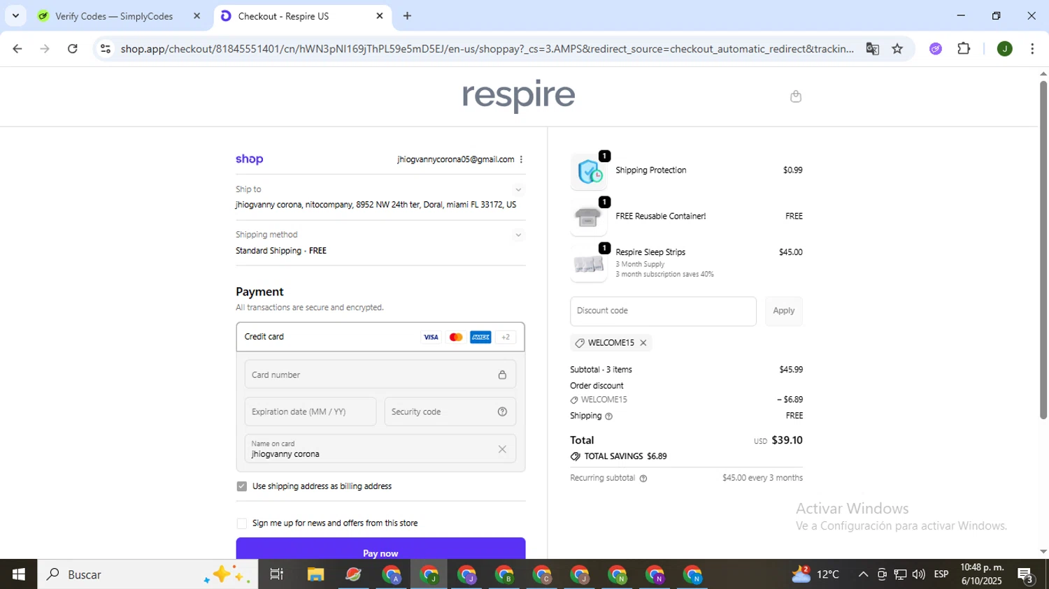 Respire US promo code screenshot showing code WELCOME15 applied at Respire US checkout page. Uploaded by SimplyCodes community member CleverSeeker3529 on Oct 7, 2025